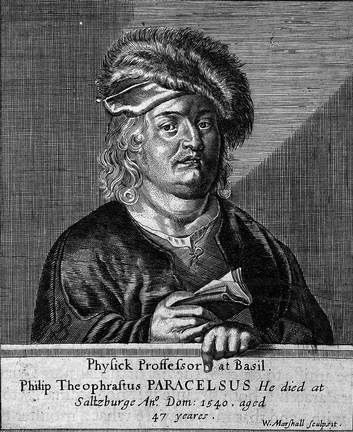Portrait or photograph of Paracelsus: Portrait of Paracelsus, half-length wearing fur hat, with biographical text in English. After the painting in the Louvre (