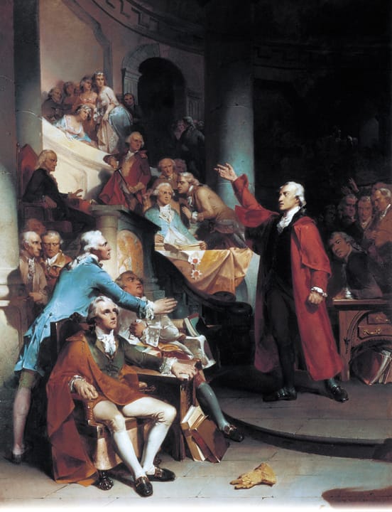 Portrait or photograph of Patrick Henry: Painting of Patrick Henry's "If this be treason, make the most of it!" speech against the Stamp Act of 1765