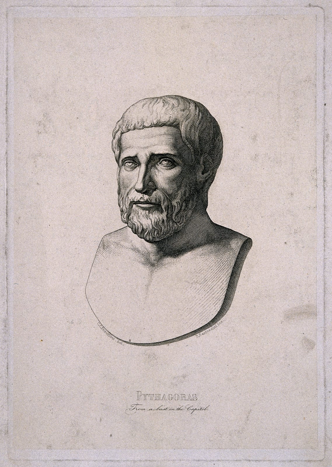 Portrait or photograph of Pythagoras: Pythagoras . Line engraving by B. Barloccini after C. C. Perkins. Iconographic Collections Keywords: portrait prints; engr