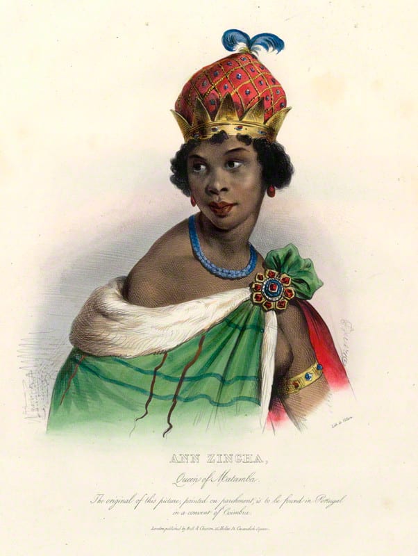 Portrait or photograph of Queen Nzinga: Hand colored lithograph of the woman known as 'Queen Ginga' in Portugal. Her name was Nzinga Mbande , although her name