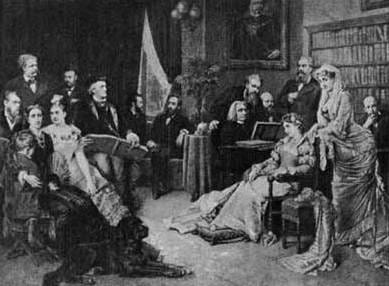Portrait or photograph of Richard Wagner: Painting by Georg Papperitz (1846-1918) shows Franz von Lenbach , Siegfried Wagner , Cosima Wagner , Mrs Materna , Ric