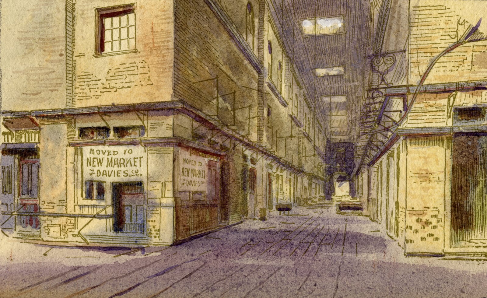 Image connected to Robertson Davies: View of interior of 1850 St. Lawrence Market building as it appeared in 1891.