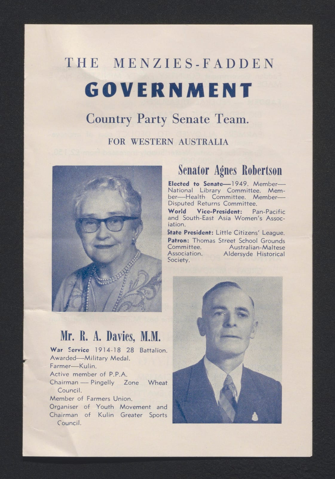 Image connected to Robertson Davies: Campaign material used by the Australian Country Party at the 1955 Australian federal election , featuring Western Australi