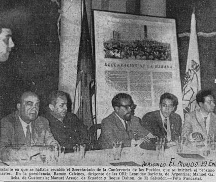 Portrait or photograph of Roque Dalton: Fotografía del secretariado de la Conferencia de los Pueblos, reunida en la ciudad de La Habana (Cuba). Asistentes: Ramó