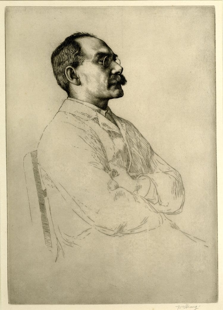 Portrait or photograph of Rudyard Kipling: "Rudyard Kipling, No. 1," etching with engraving, by the Scottish-born artist William Strang. 353 mm x 252 mm. Courte