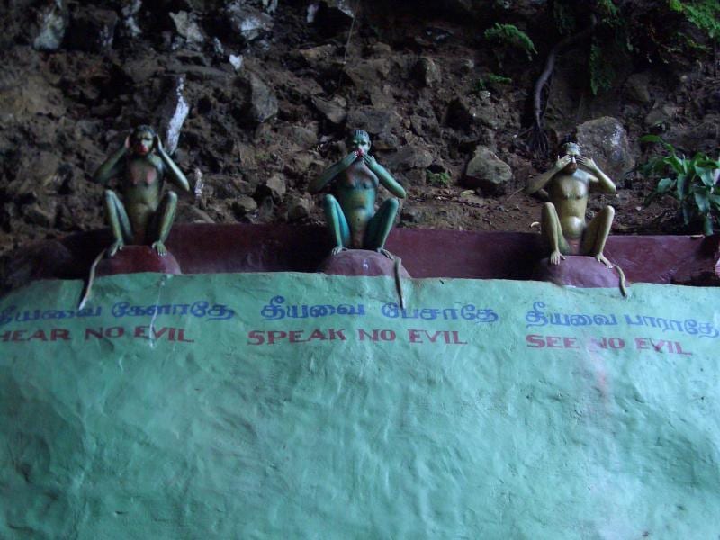 Portrait or photograph of Saicho: Three Monkeys: "Hear no evil, Speak no evil, See no evil". The trio of monkeys is depicted with one having its hands over its