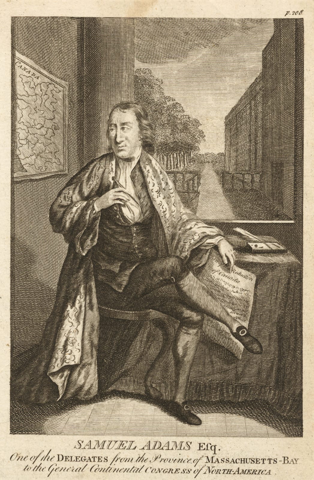 Portrait or photograph of Samuel Adams: Samuel Adams by an unidentified artist, before 1776, engraving on paper, from the National Portrait Gallery which explic