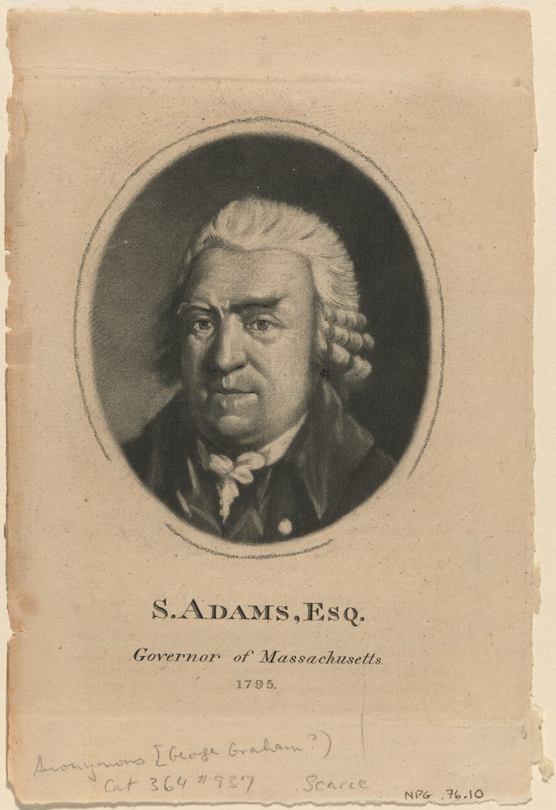 Portrait or photograph of Samuel Adams: Samuel Adams by George Graham after John Johnston, c. 1795, mezzotint on paper, from the National Portrait Gallery which