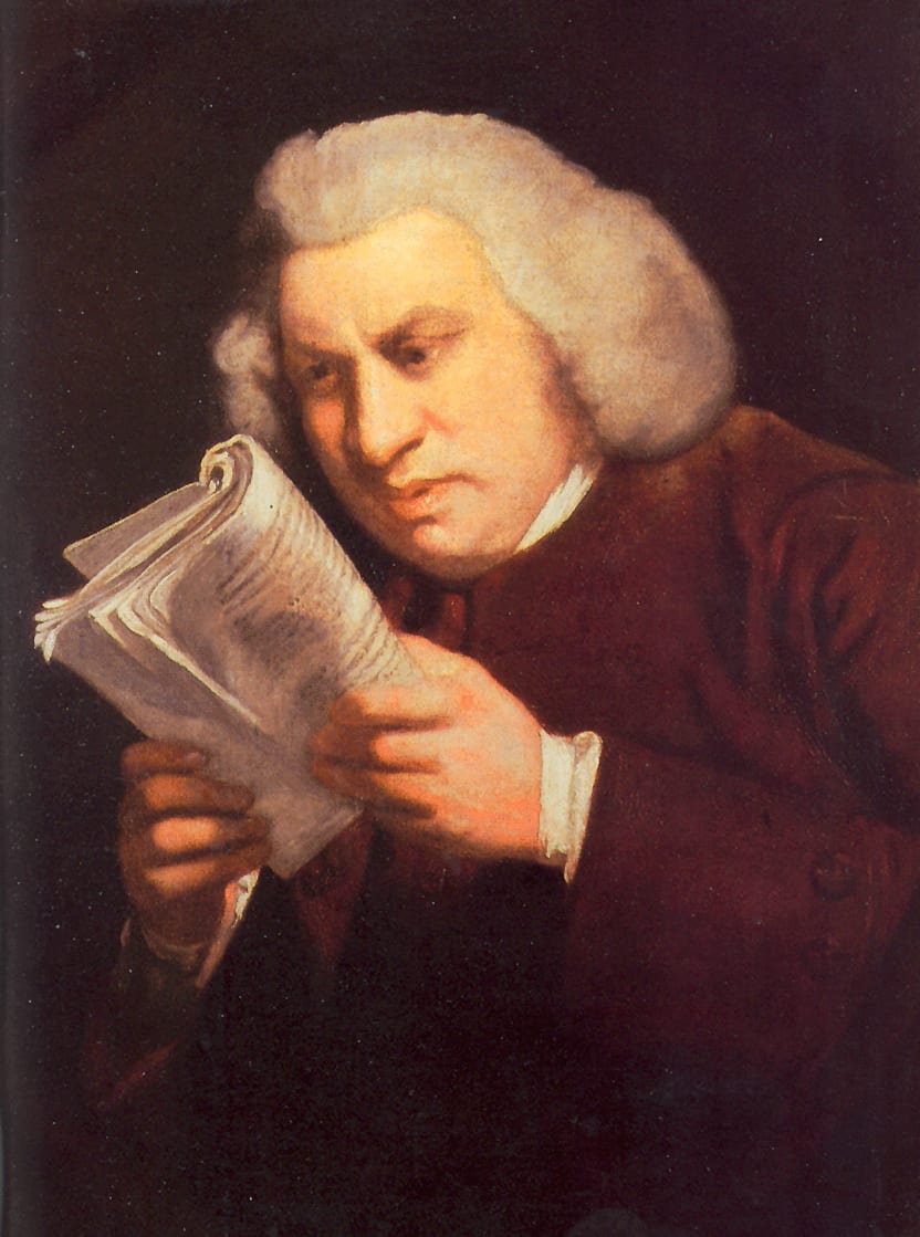Portrait or photograph of Samuel Johnson: A portrait of Samuel Johnson by Joshua Reynolds showing Johnson pulling a book's cover back and concentrating intensel