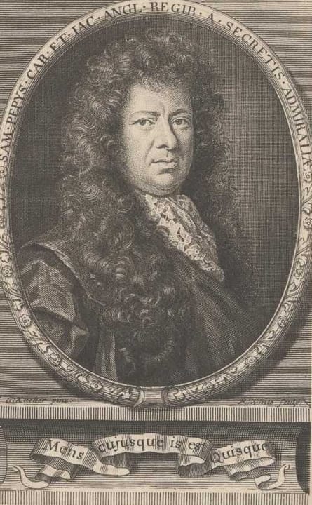 Portrait or photograph of Samuel Pepys: Portrait of Samuel Pepys by Robert White, after Sir Godfrey Kneller, Bt line engraving, published 1690