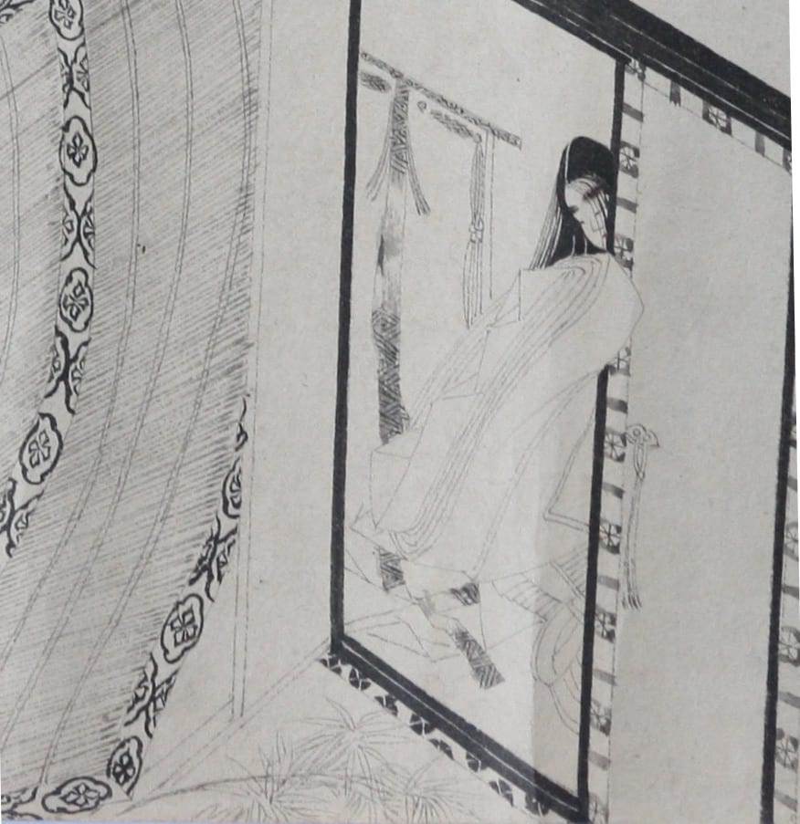 Portrait or photograph of Sei Shonagon: Detail part of the Illustrated handscroll of The Pillow Book , ink on paper, 13th century, Japan