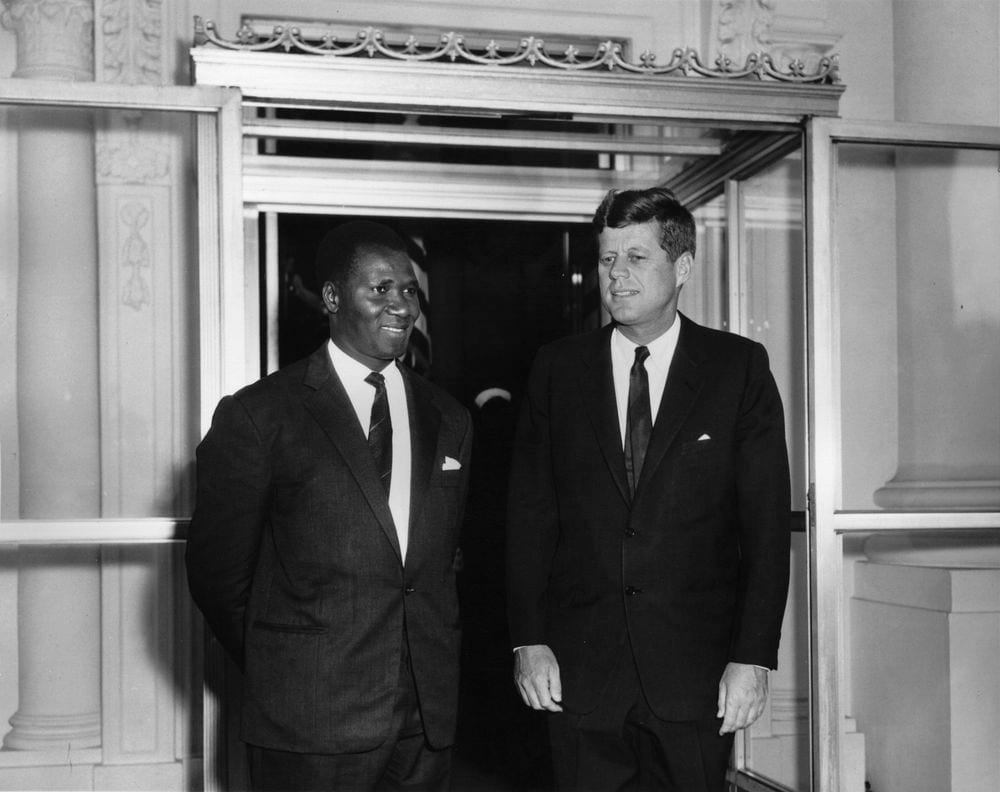 Image connected to Sekou Toure: President John F. Kennedy stands with President of Guinea, Ahmed Sékou Touré (left), at the North Portico of the White House, Wa