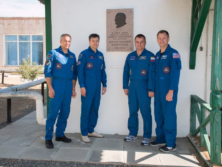 Portrait or photograph of Sergei Korolev: At the Baikonur Cosmodrome in Kazakhstan, the Expedition 57 prime and backup crewmembers pose for pictures Oct. 6 in f