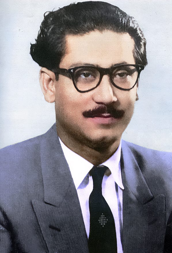 Portrait or photograph of Sheikh Mujibur Rahman: Colorized version of File:Sheikh Mujibur Rahman in 1950.jpg