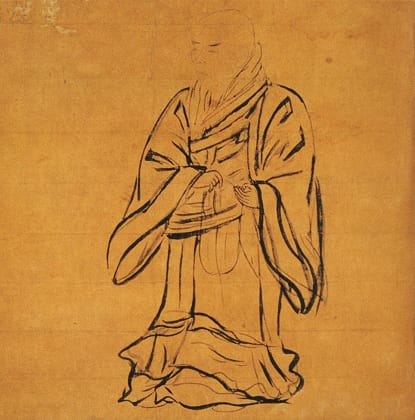 Portrait or photograph of Shinran: Portrait of Shinran Shōnin (紙本墨画親鸞聖人像 shihon bokuga Shinran Shōninzō?) or Mirror portrait. Standing portrait of the founder o