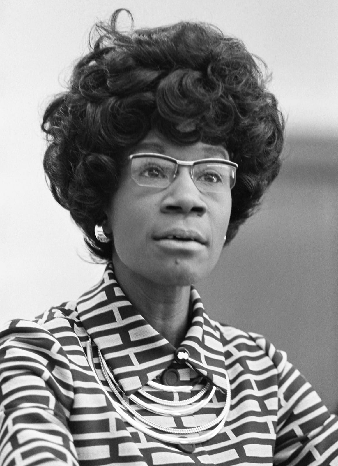 Portrait or photograph of Shirley Chisholm: Shirley Chisholm , future member of the U.S. House of Representatives (D-NY), announcing her candidacy.