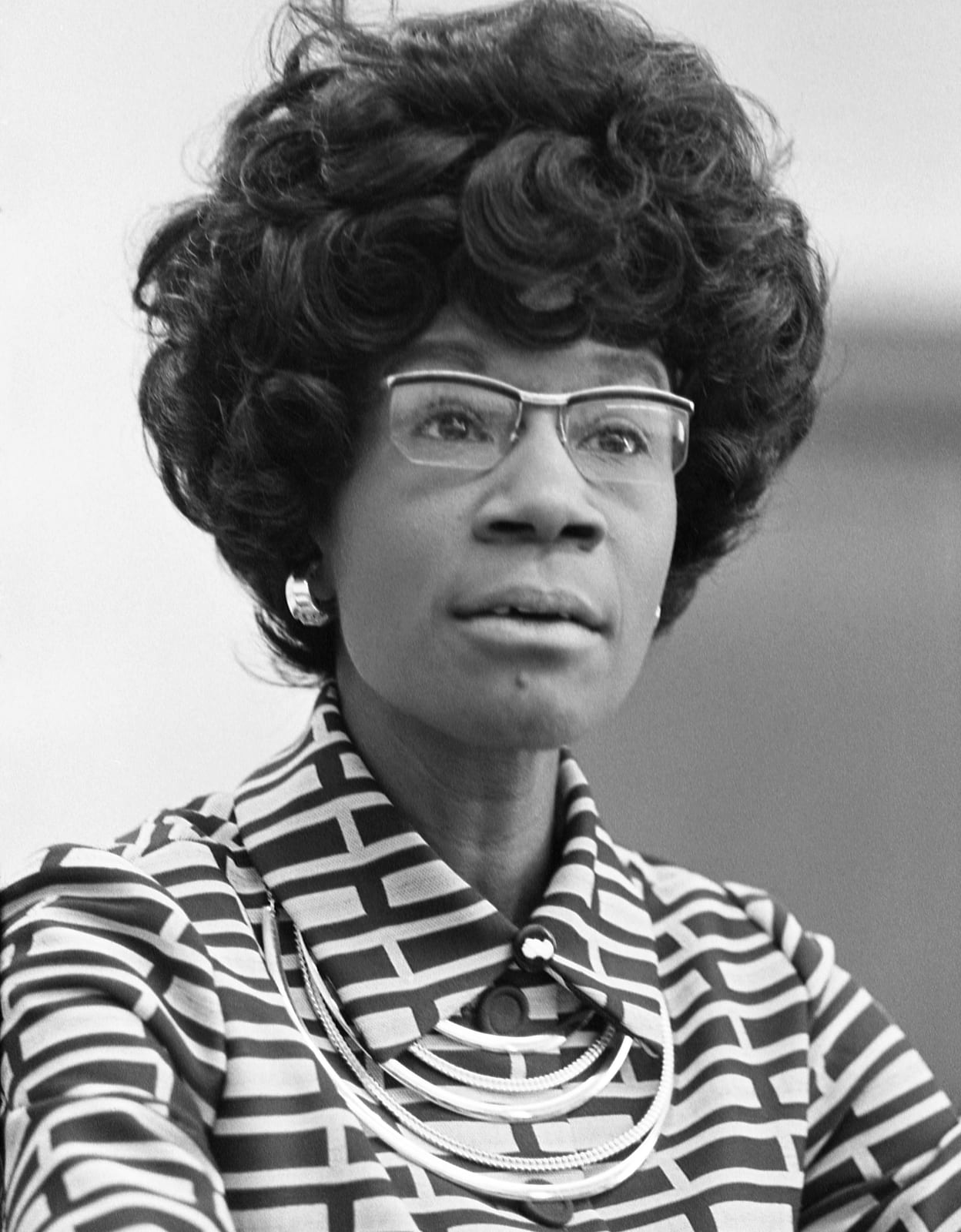 Portrait or photograph of Shirley Chisholm: Shirley Chisholm , future member of the U.S. House of Representatives (D-NY), announcing her candidacy.