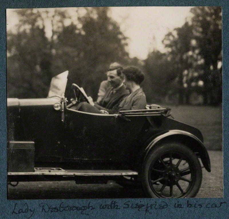 Portrait or photograph of Siegfried Sassoon: Siegfried Sasson and Ethel Fane Lady Desborough in his car by Lady Ottoline Morrell (died 1938), vintage snapshot p