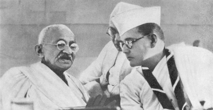 Portrait or photograph of Subhas Chandra Bose: Gandhi at the Indian National Congress annual meeting in Haripura in 1938 with Congress President Subhas Chandra