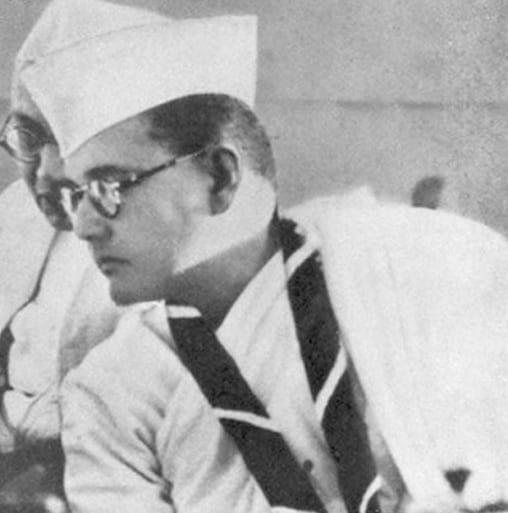 Portrait or photograph of Subhas Chandra Bose: Congress President Subhas Chandra Bose at the Indian National Congress annual meeting in Haripura in 1938.