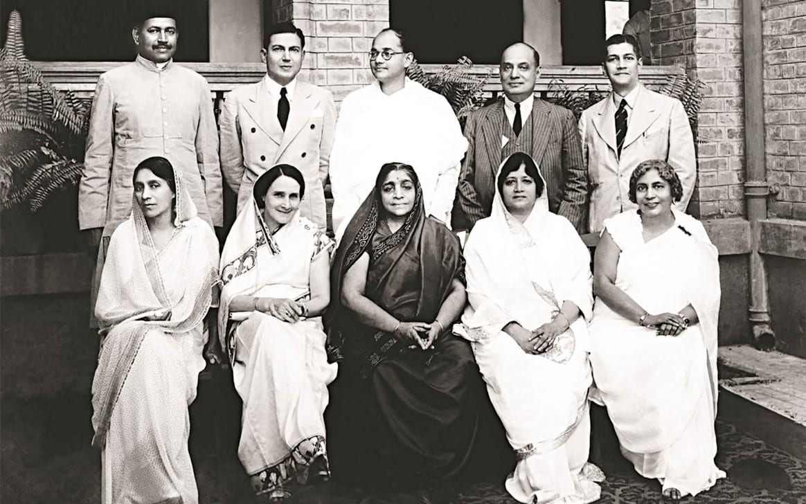 Portrait or photograph of Subhas Chandra Bose: At "Kashana", the house of Hassan Suhrawardy , Kolkata , 1937: Sitting (left to right): Aruna Asaf Ali , Nellie S