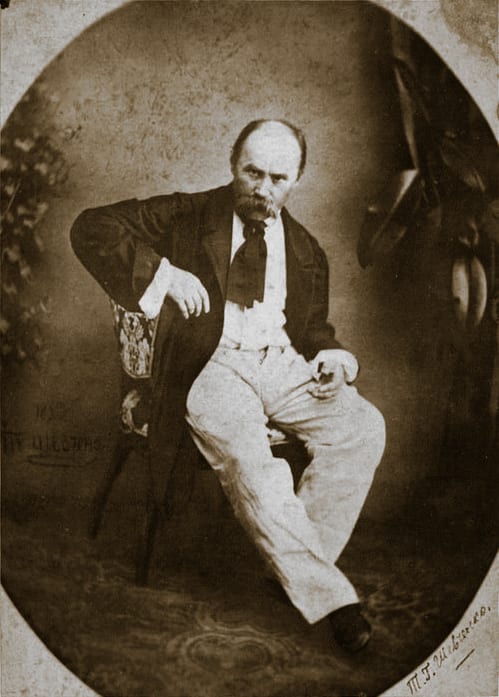 Memorial or place connected to Taras Shevchenko: Ukrainian poet Taras Shevchenko — photo by Ukrainian photographer Ivan Hudovsky, taken in Kyiv in 1859.