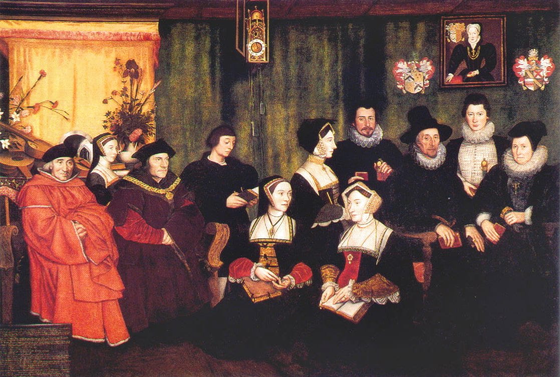 Portrait or photograph of Thomas More: Sir Thomas More, his father, his household and his descendants by Rowland Lockey, after Hans Holbein the Younger, oil on