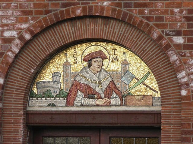 Portrait or photograph of Thomas More: Mosaic tympanum over the main door of the Roman Catholic church of St Thomas More, Exton Road, Iford, Bournemouth