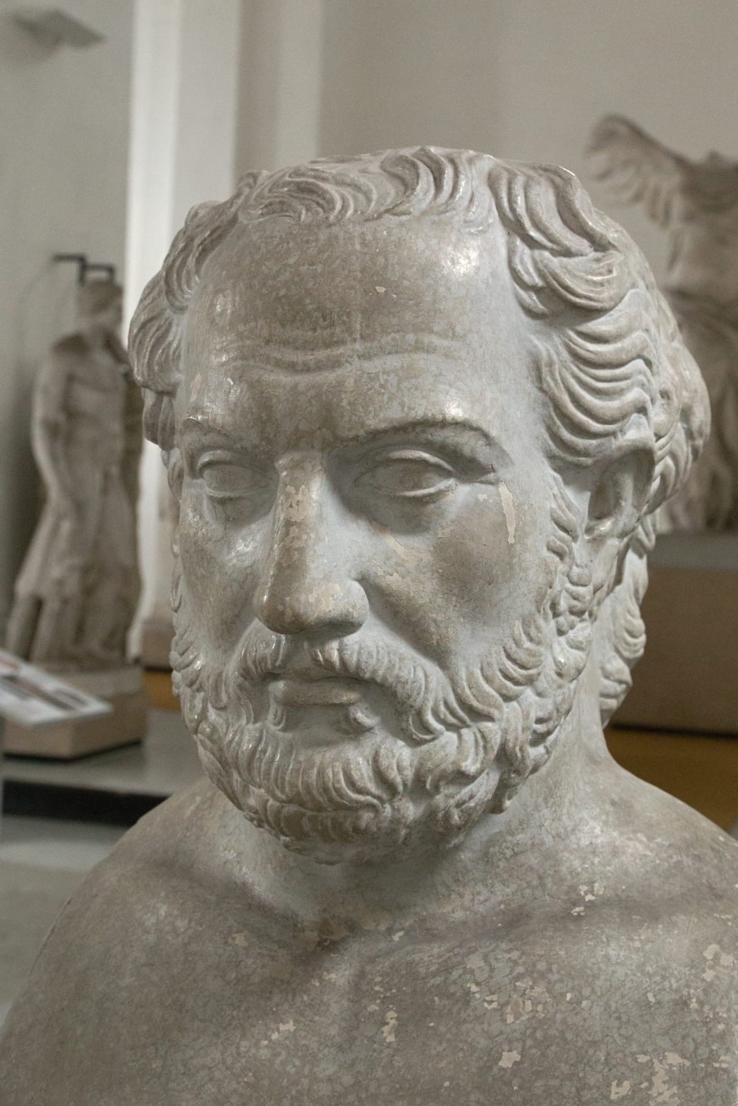 Portrait or photograph of Thucydides: Portrait double (twin) herma of Herodotus and Thucydides, archetype from 400-350 BC. Thucydides. Plaster cast. Gallery of