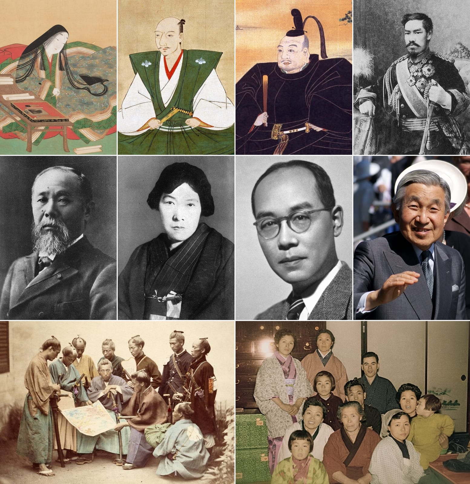 Portrait or photograph of Tokugawa Ieyasu: Various Japanese people From left to right of the upper section: Murasaki Shikibu Oda Nobunaga Tokugawa Ieyasu Empero