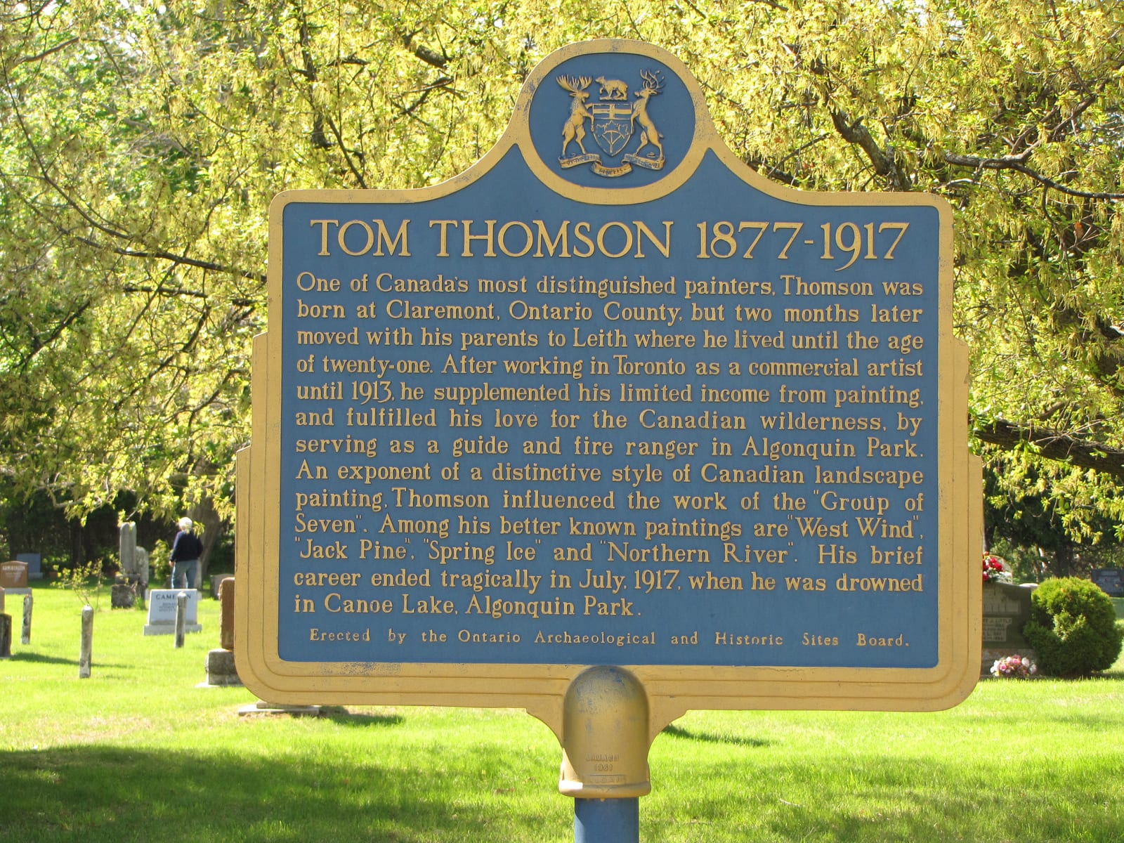 Portrait or photograph of Tom Thomson: Historic plaque commemorating painter Tom Thomson, found in Leith, Ontario