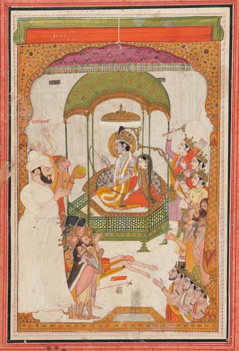 Portrait or photograph of Tulsidas: Raja Sansar Chand and saint Tulsidas paying homage to Rama and Sita. Opaque watercolor on paper. 28.4 x 20.1 cm. Kangra, 182