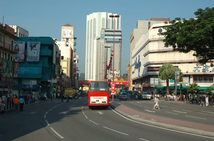 Portrait or photograph of Tun Tan Cheng Lock: Jalan Pudu, looking across the intersection with Jalan Sultan into Jalan Tun Tan Cheng Lock. Kuala Lumpur, Malaysi