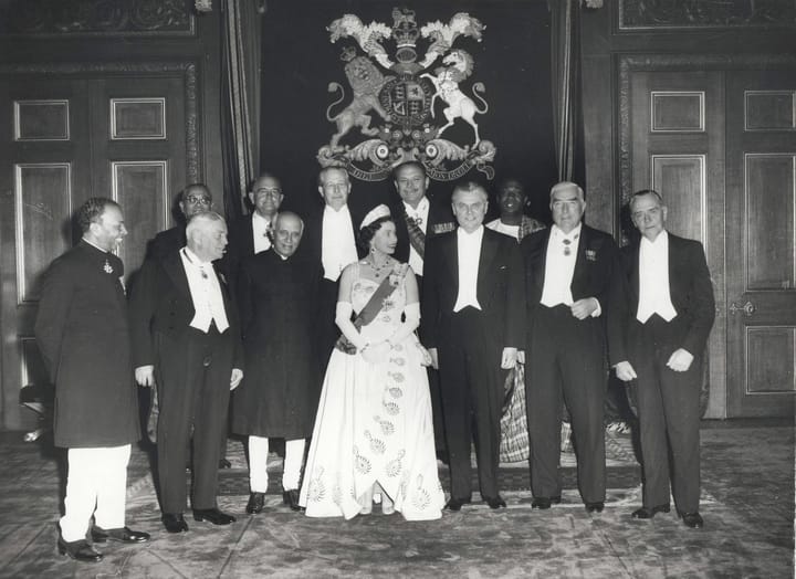 Portrait or photograph of Tunku Abdul Rahman: Photograph of Queen Elizabeth II and Commonwealth leaders, taken at the 1960 Commonwealth Conference, Windsor Cast
