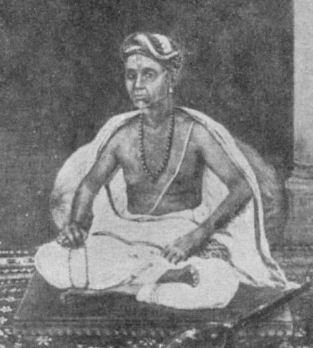 Portrait or photograph of Tyagaraja: A painting of the Carnatic music composer, w:Tyagaraja (1767–1847), from the Jaganmohan palace in Mysore. The painting feat