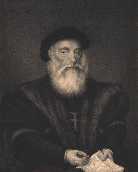 Portrait or photograph of Vasco da Gama: Vasco da Gama , navegador e explorador português .