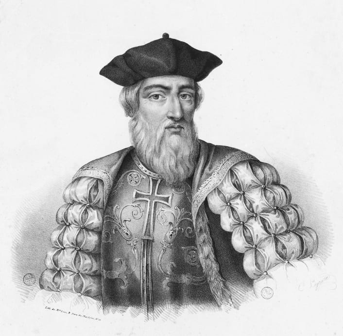Portrait or photograph of Vasco da Gama: Vasco da Gama , navegador e explorador português .