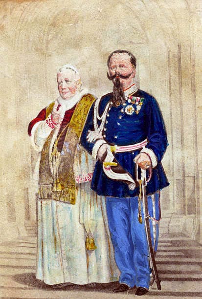 Portrait or photograph of Victor Emmanuel II: The pope Pius IX and Victor Emmanuel II of Italy. On April 2, 1873