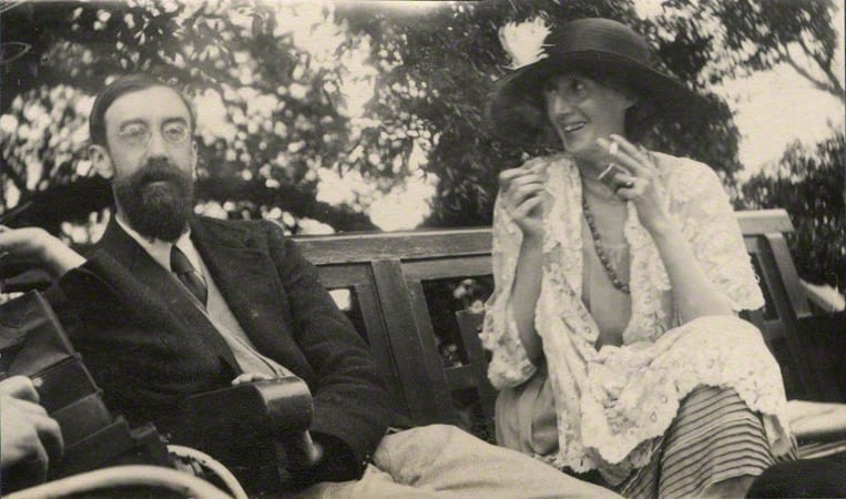 Portrait or photograph of Virginia Woolf: Vintage snapshot of Lytton Strachey and Virginia Woolf.