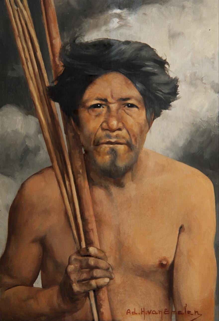 Image connected to Vital Brazil: Adrian Henri Vital van Emelen - Índio com arco e flecha, s.d. Óleo sobre compensado de madeira, 25 cm x 37 cm. Coleção Elisário