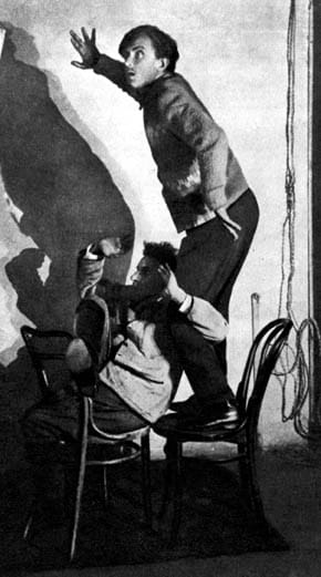 Portrait or photograph of Vsevolod Meyerhold: Erast Garin as Khlestakov and Vsevolod Meyerhold on the rehearsal of Revizor
