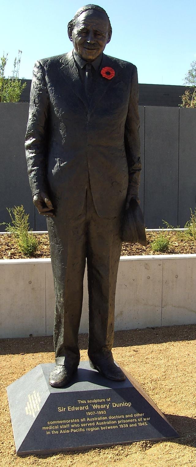 Portrait or photograph of Weary Dunlop: Edward Dunlop ; bronze statue at the Australian War Memorial , Canberra , 2nd of an edition of two by sculptor Peter Cor