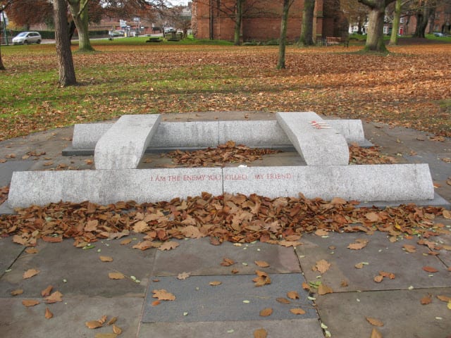 Portrait or photograph of Wilfred Owen: Symmetry: Wilfred Owen memorial The famous Great War poet Wilfred Owen lived close to Shrewsbury Abbey. He was killed in