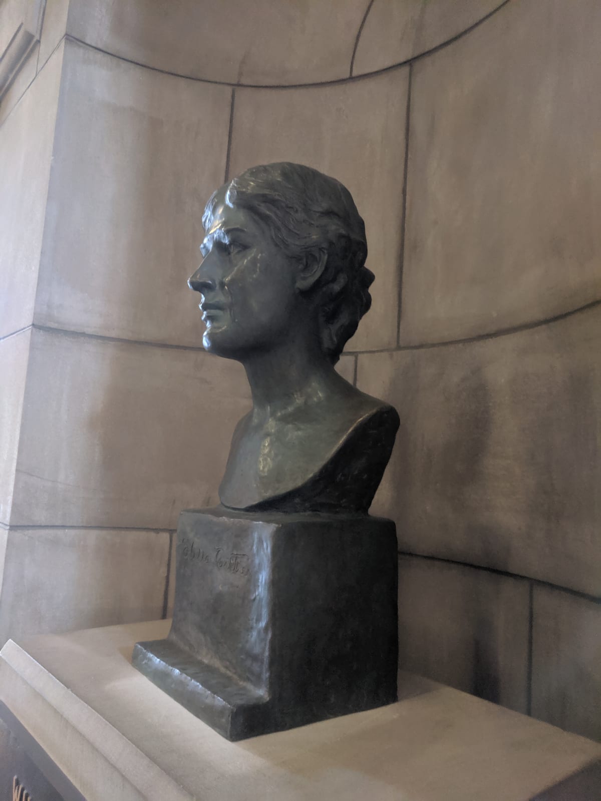 Portrait or photograph of Willa Cather: Portrait bust of author Will Cather, sculpted by Paul Swan , located in the Nebraska State Capitol Building