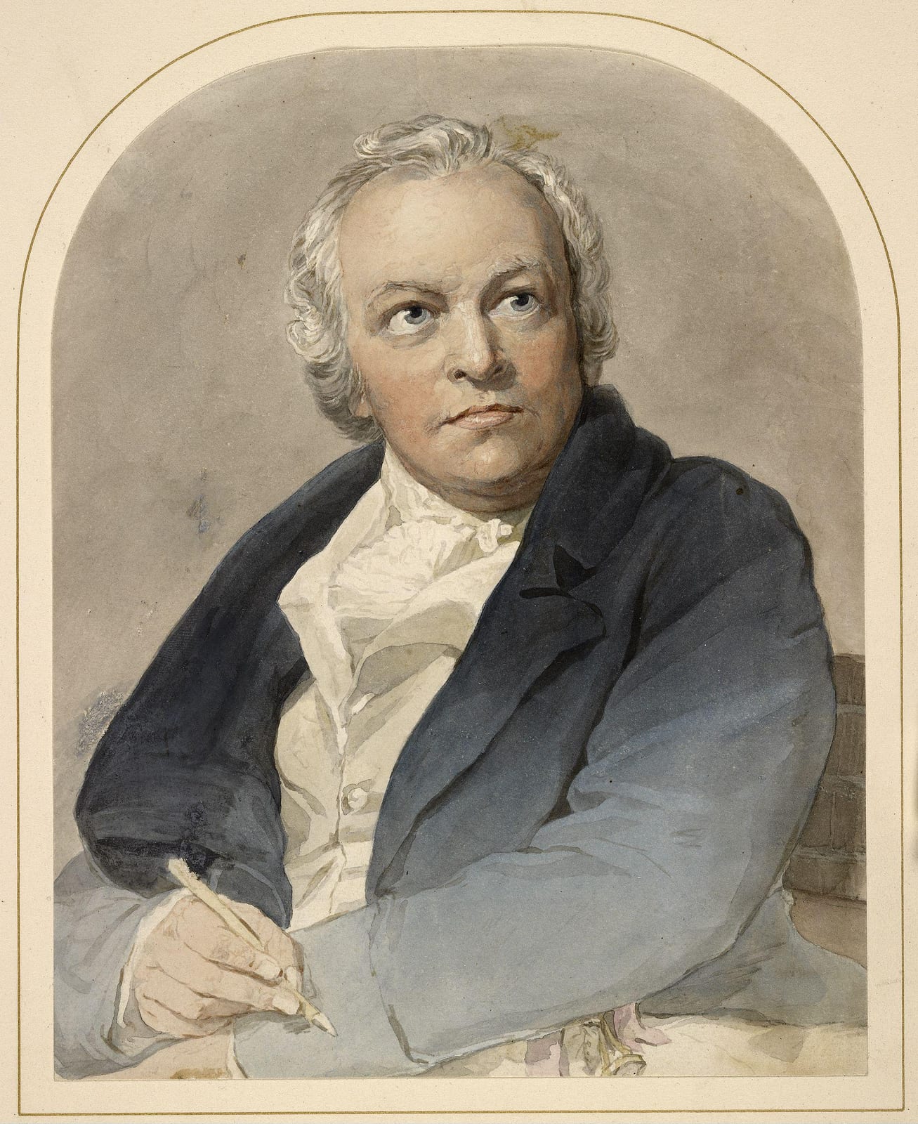 Portrait or photograph of William Blake: Portrait of William Blake , Watercolour on paper .mw-parser-output .commons-creator-table{background-color:#f0f0ff;box-
