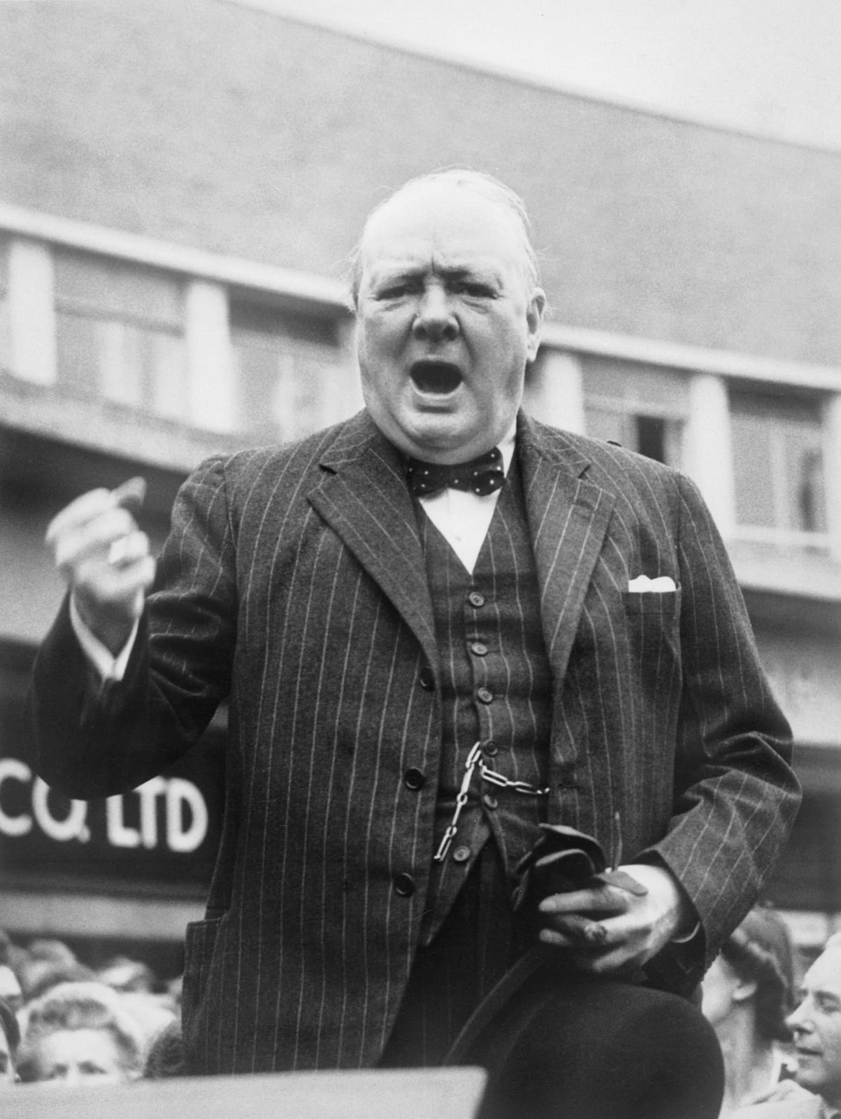 Portrait or photograph of Winston Churchill: Winston Churchill during the General Election Campaign in 1945 The Prime Minister Winston Churchill makes a speech