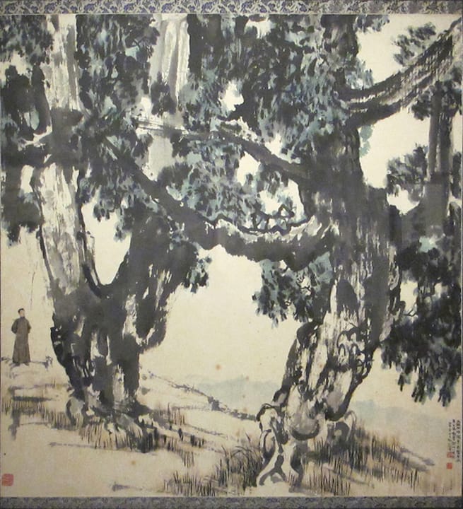 Portrait or photograph of Xu Beihong: Arbre et personnage. (Autoportrait) , 1932. Creator:Xu Beihong. (1895-1953). Encre et couleurs sur papier. Traduction pris