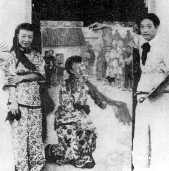 Portrait or photograph of Xu Beihong: Painter Xu Beihong, actress Wang Ying, and Xu's painting Put Down Your Whip