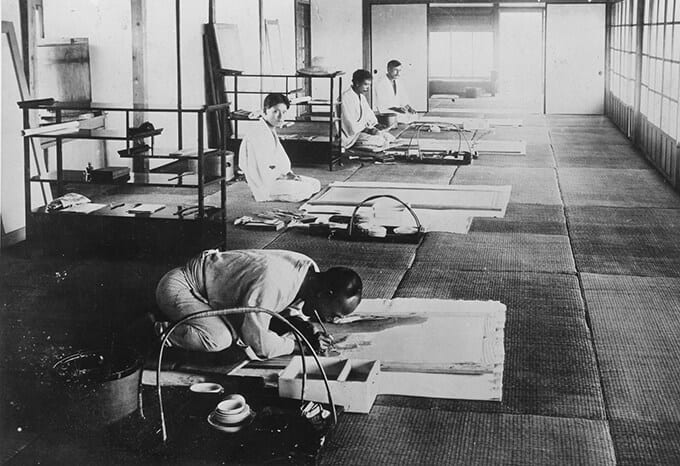 Portrait or photograph of Yokoyama Taikan: Painters associated with the Nihon Bijutsuin in Izura; from front to back, Kimura Buzan, Hishida Shunsō, Yokoyama Tai