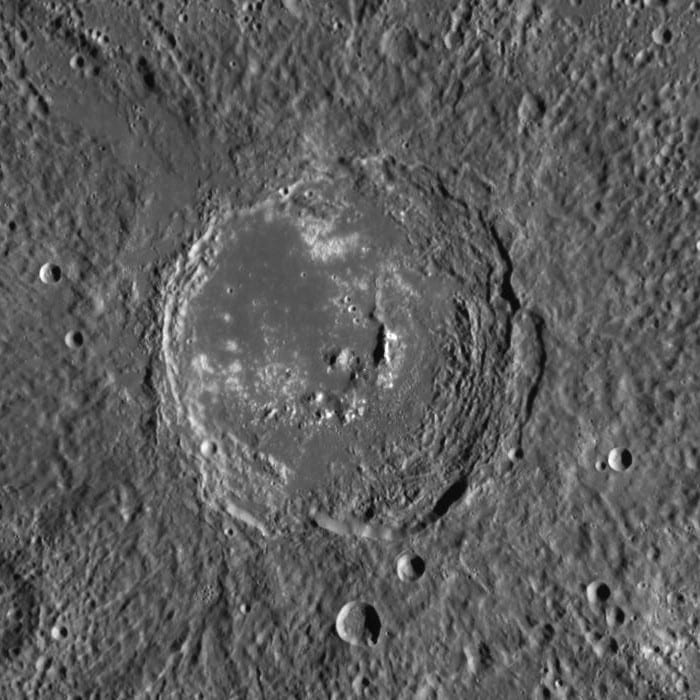 Portrait or photograph of Zeami Motokiyo: Zeami crater, on Mercury. MESSENGER Wide Angle Camera mosaic. Image is approximately 230 km wide.